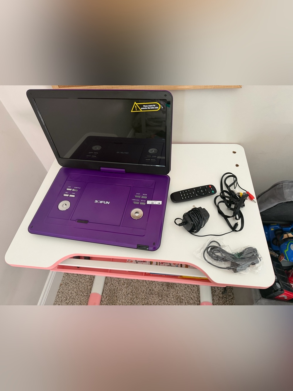 Portable DVD Player in Purple with Remote & Cables